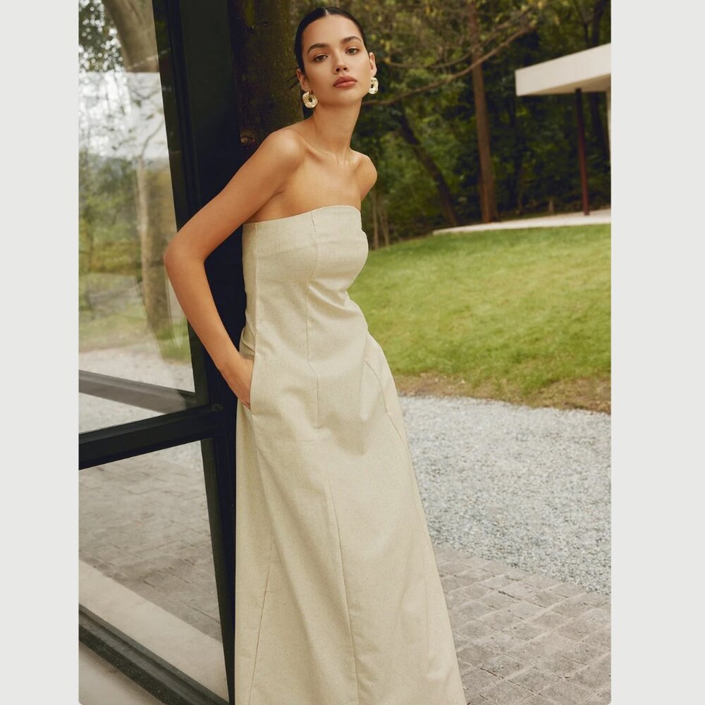 Commense Strapless Linen Pocket Long Dress
